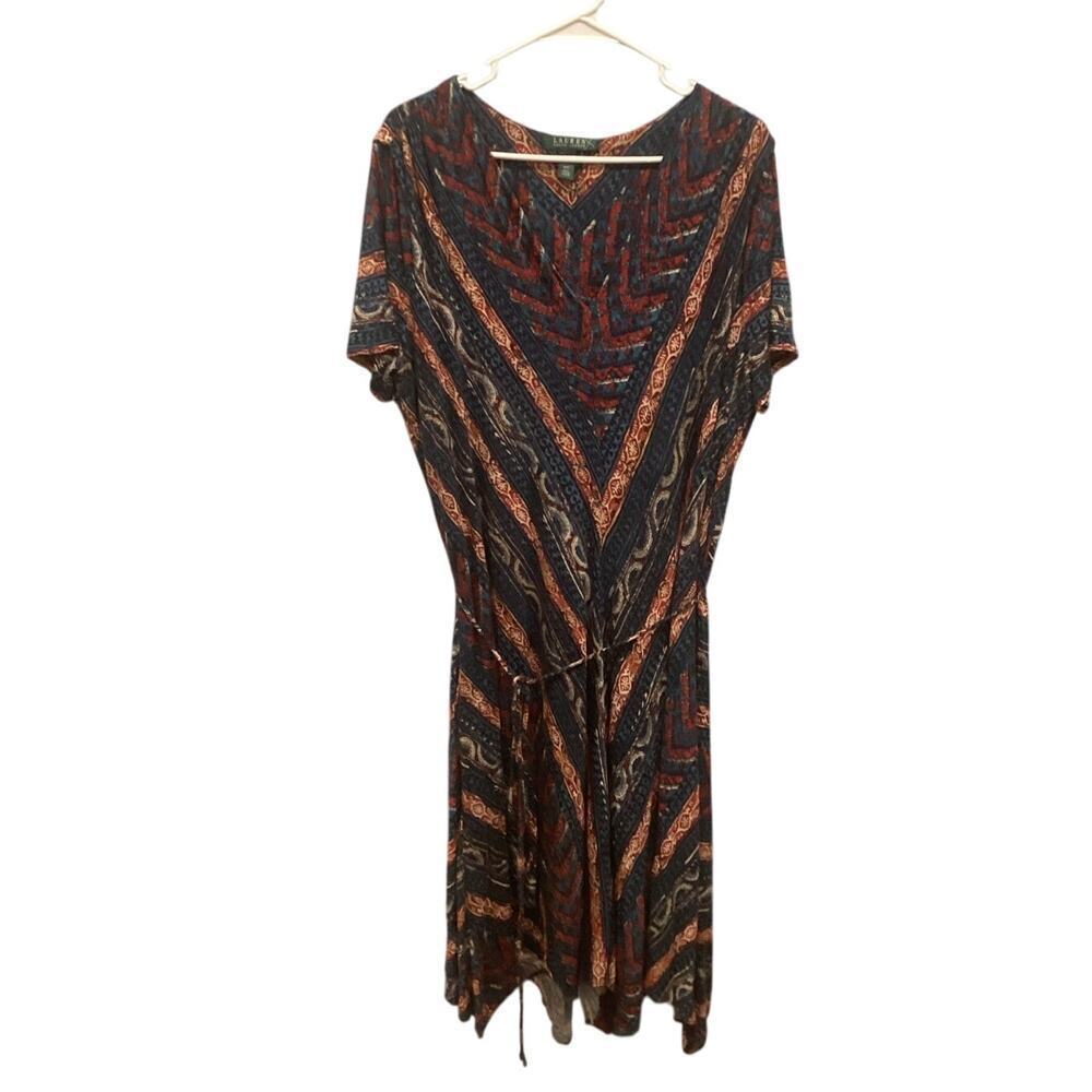 Lauren Ralph Lauren Womens Midi Dress Plus Size 2X Blue Southwest Western Belt